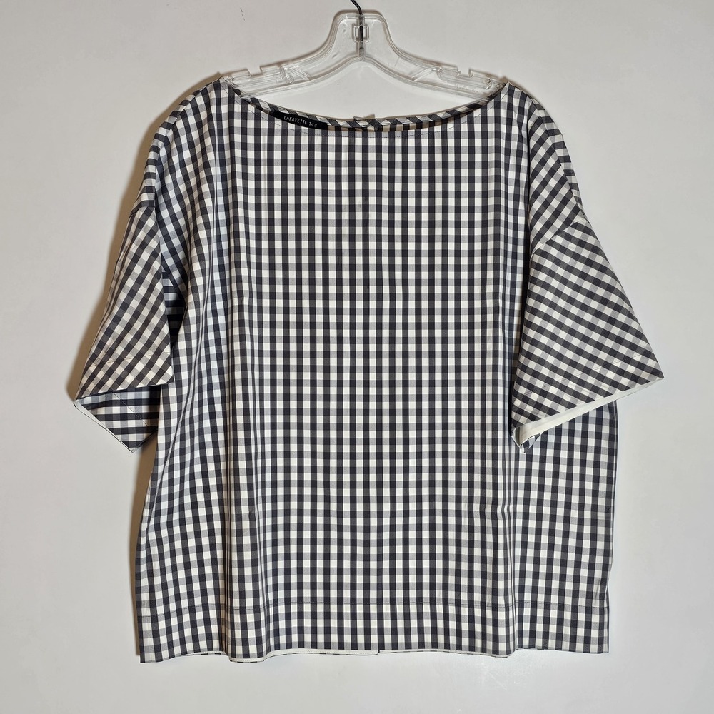 Lafayette 148 Top Womens Large Gray White Gingham Boxy Back Button Oversized L